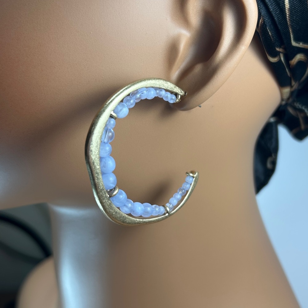 Edgy Moon Shaped Gold Matte and Blue Beaded Hoop Earrings